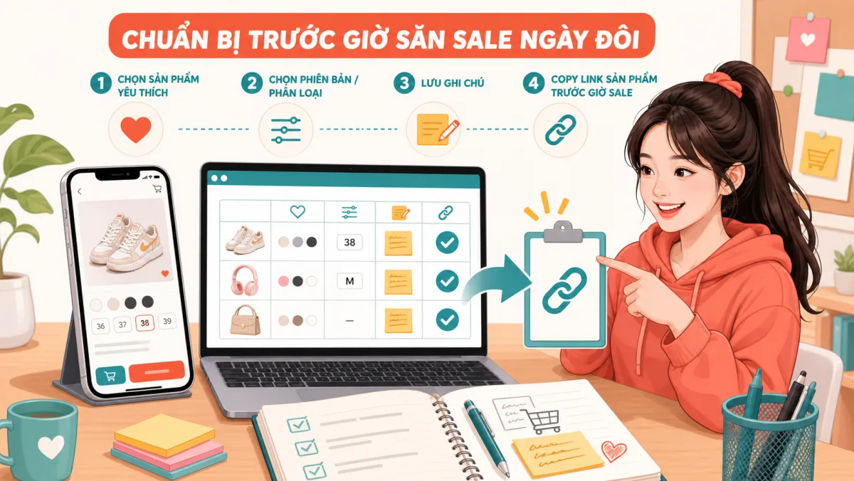 Minh họa chuẩn bị danh sách sản phẩm và link trước giờ sale ngày đôi Shopee