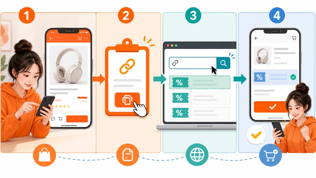 Minh họa luồng copy link Shopee dán vào sansalesoc.com rồi lấy mã voucher