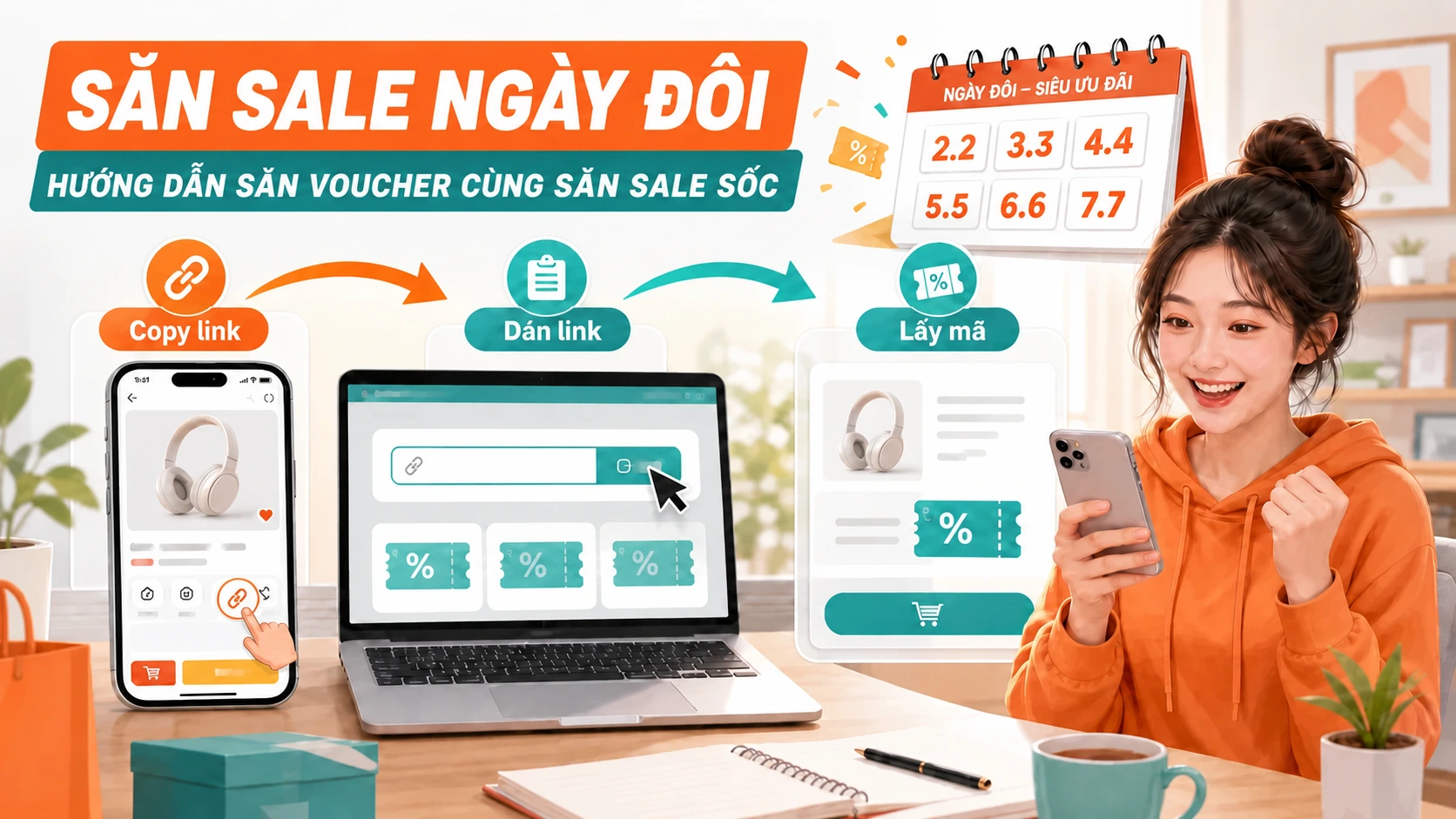 Minh họa quy trình săn sale ngày đôi Shopee bằng cách copy link sản phẩm và lấy mã trên sansalesoc.com