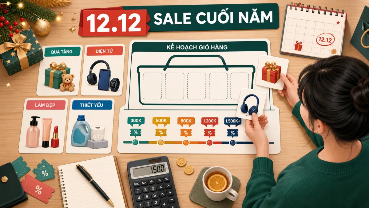 Minh họa nữ chọn giỏ hàng Shopee 12.12 cuối năm theo ngưỡng voucher
