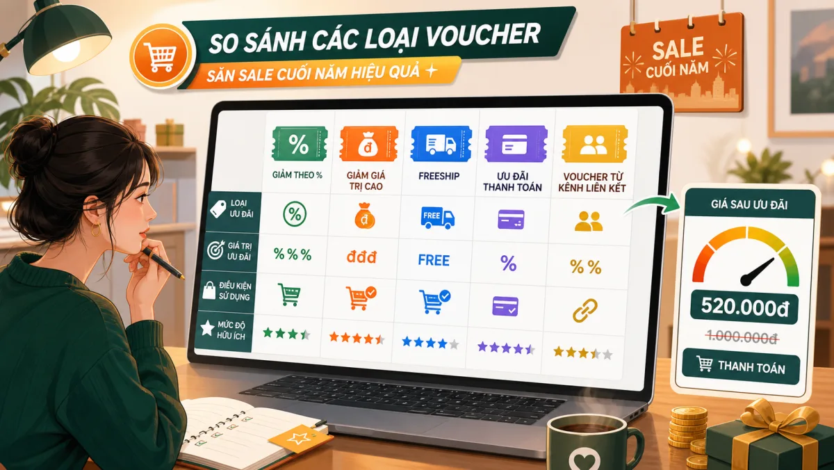 Minh họa so sánh mã giảm phần trăm trần giảm freeship và thanh toán Shopee