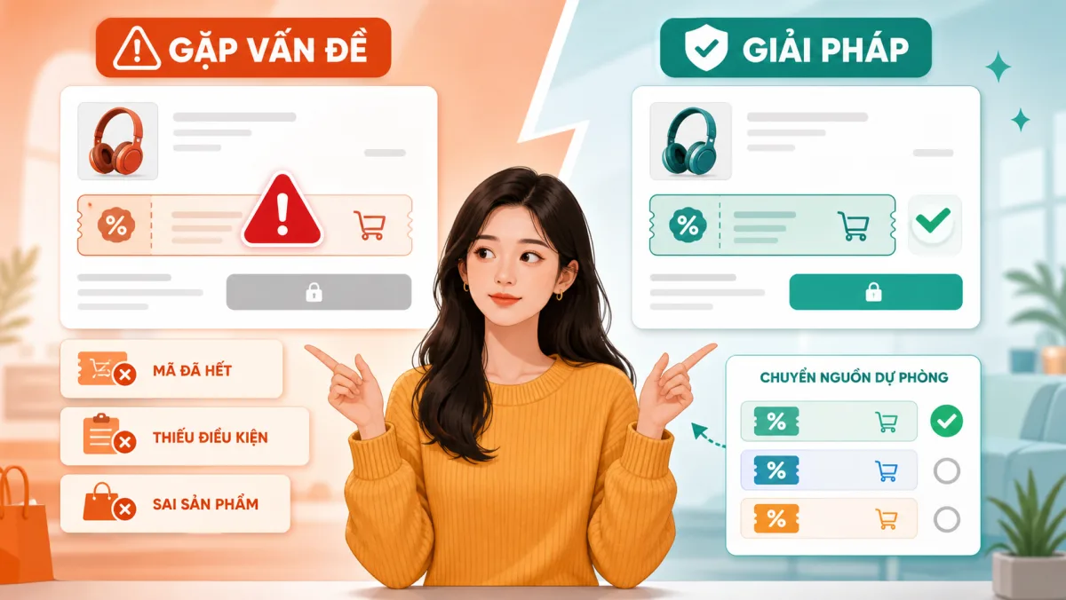 Minh họa xử lý voucher hết lượt hoặc không áp được trong mega sale Shopee