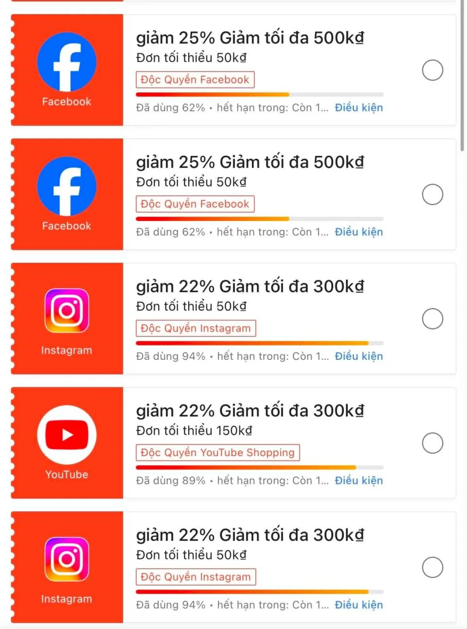 Ảnh thực tế voucher Facebook 25% Instagram 22% và YouTube 22% trên Shopee